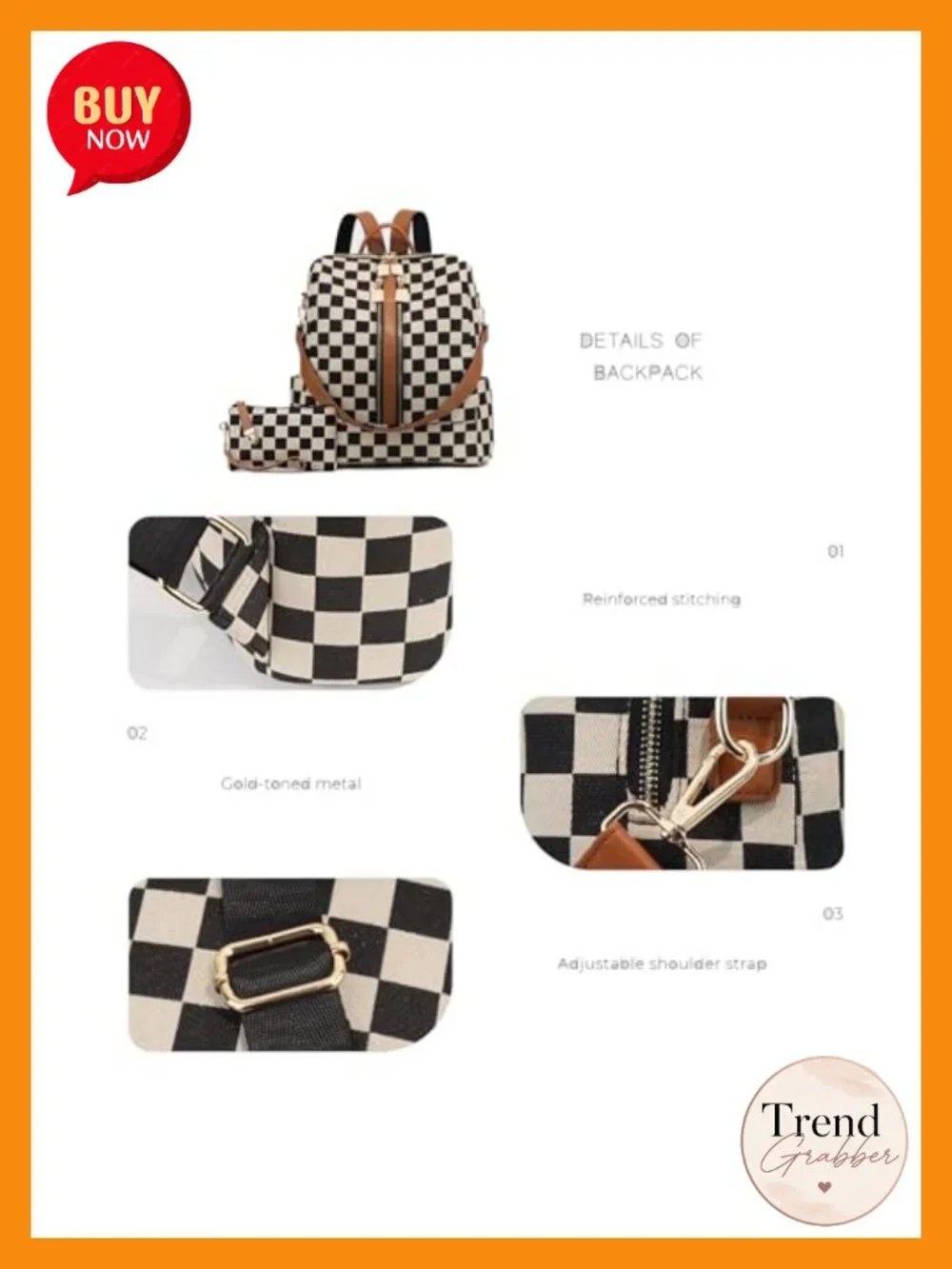 Checkered Fashion Backpack with Detachable Wallet, Canvas & Faux Leather,